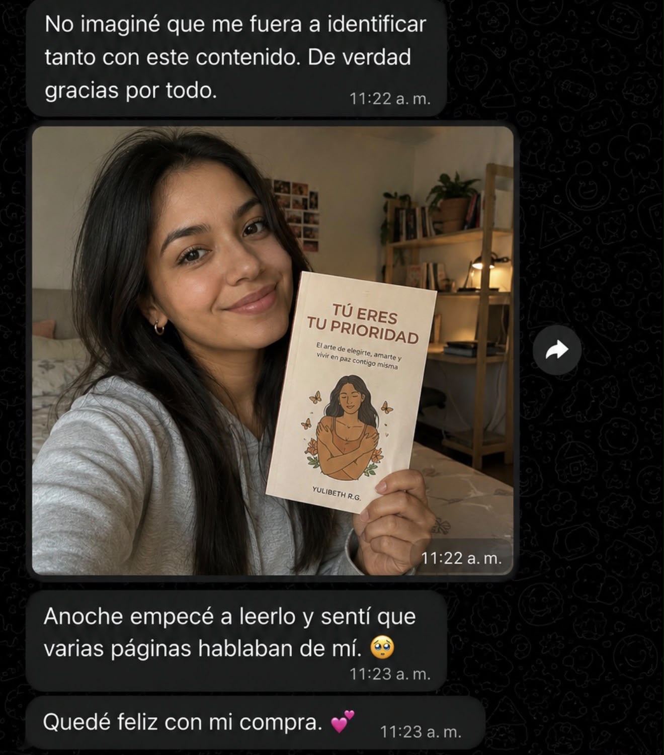 Mensaje de WhatsApp de Valentina Ríos mostrando su libro recibido