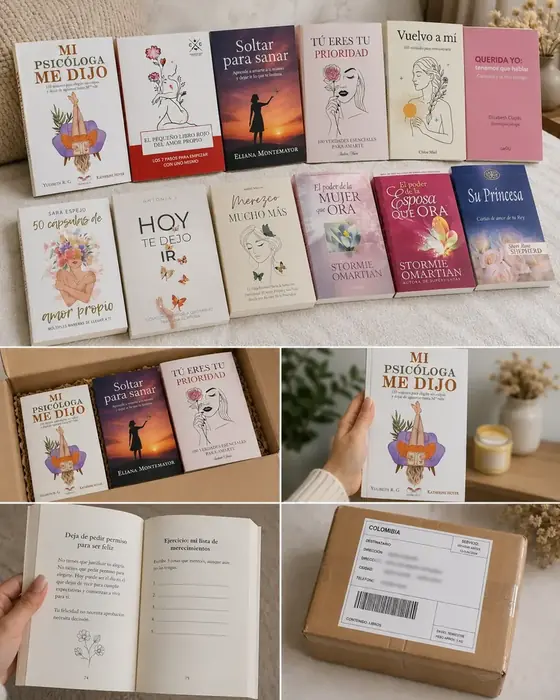 Los 12 libros de la colección, el paquete de envío y páginas interiores