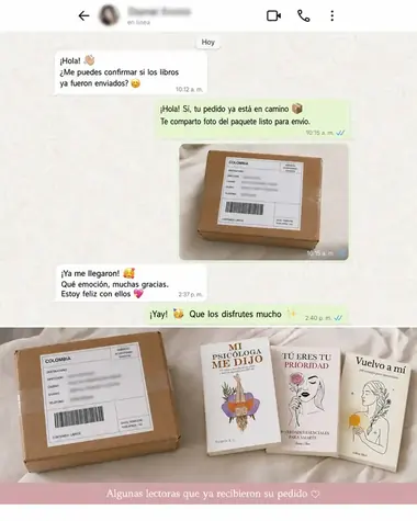 Mensaje de WhatsApp de Valentina Ríos mostrando su libro recibido